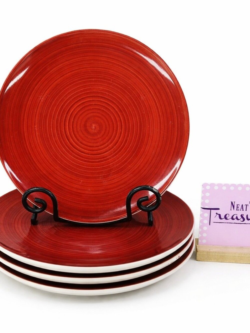 Dover & York RINGS SWIRL Circles Rust Red Stoneware Coupe Dinner Plates Set of 4